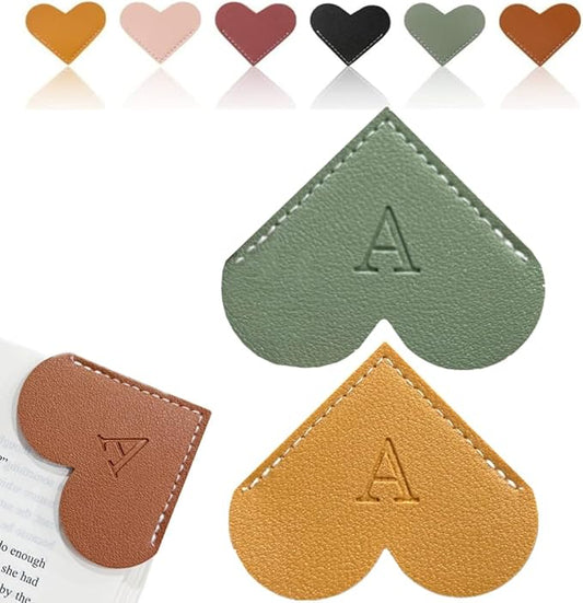 Personalized Leather Heart Bookmark, 26 Letters Customized Corner Book Mark for Reading, Book Holder Markers with Initials Page Book Accessories Cute Gifts (Green+Light Brown,A)