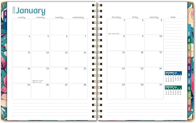 HARDCOVER 2026 Planner, 8.5"x11": 14 Months (November 2025 - December 2026), Daily Weekly Monthly Planner, Yearly Agenda, Bookmark, Pocket Folder and Sticky Note Set (Teal Floral)