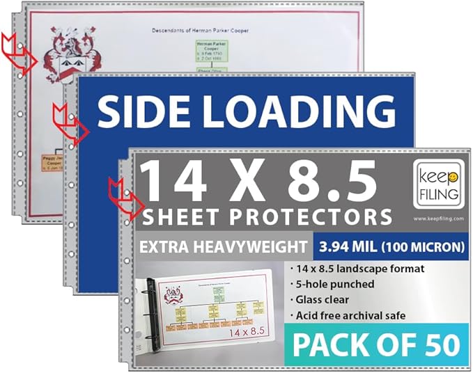 14 x 8.5 Landscape Legal Size Sheet Protectors, Side Load, Extra Heavyweight, Glass Clear, 2 Packs (50 Sheets Total), Archival Safe & Acid Free by Keepfiling