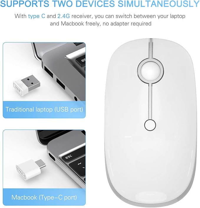 Type C Wireless Mouse，Vssoplor USB C Mouse Dual Mode 2.4G Cordless Mice with Nano USB and Type C Receiver Compatible with PC, Laptop, MacBook and All Type C Devices-White Silver