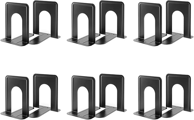 MaxGear Book Ends Universal Premium Bookends for Shelves, Non-Skid Bookend, Heavy Duty Metal Book Stopper for Books/Movies/CDs/Video Games, 6 x 4.6 x 6 in, Black, 6 Pairs/12 Pieces, Large