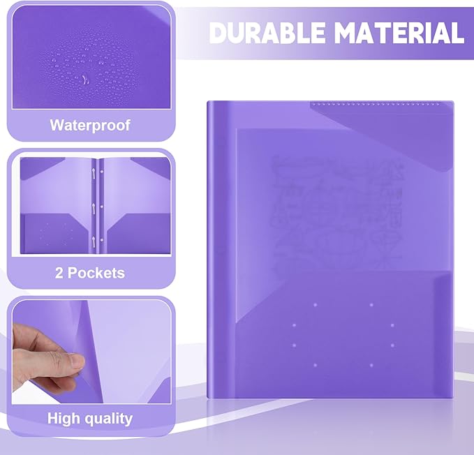 Yeaqee 50 Pack Clear 2 Pocket Folders with Prongs, Plastic Folders with Pockets and Prongs Fit Letter Size, File Folder for School Business Office Home(Purple)