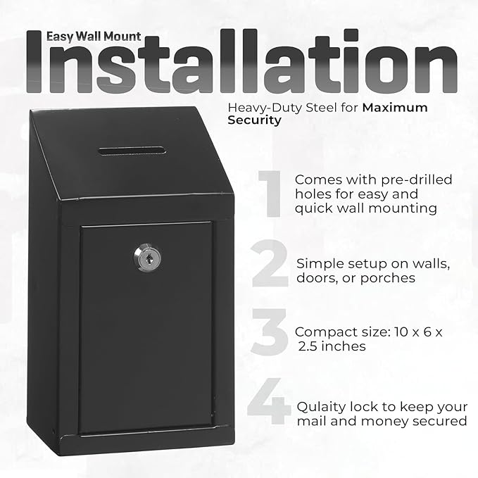 Metal Donation Box-Suggestion Box with Slot and lock-Cash Lock box for Money-Waterproof Drop Box-Comment and ballot voting box-comes with pre-drilled holes for easy wall mounting 10x6x2.5"(Black)