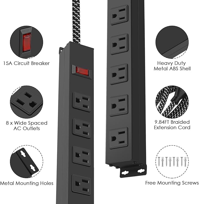 Metal 8 Outlet Mountable Power Strip with Switch,Wide Spaced Heavy Duty Wall Mount Power Strip Surge Protector 1200J,10FT 14AWG Braided Cord 15A 125V 1875W for Home Office Industrial Garage Commercial