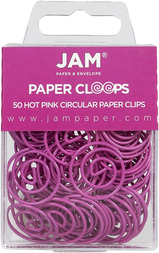 JAM PAPER Circular Paper Clips - Round Paperclips - Hot Pink Fuchsia - 50/Pack