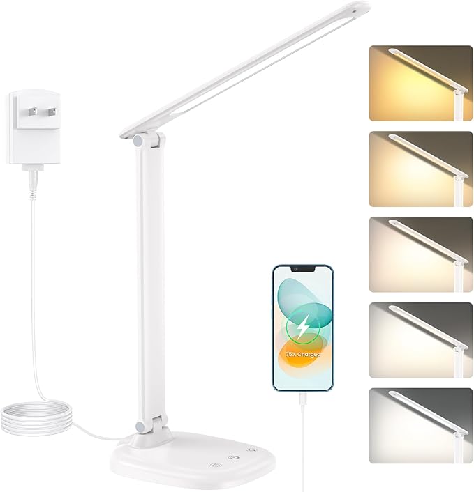 LED Desk Lamp with USB Charging Port, Stepless Dimmable Study Lamp with 5 Color Modes, Touch Control, Timer, Foldable Desk Lights for Home, Office, Bedroom