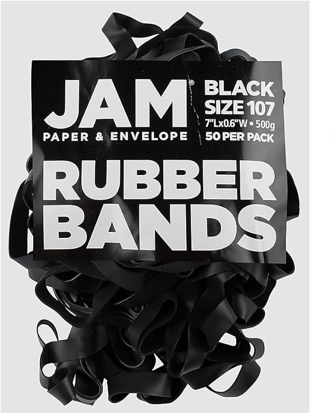 JAM PAPER Durable Rubber Bands - Size 107 - Black Multi-Purpose Rubberbands - 50/Pack