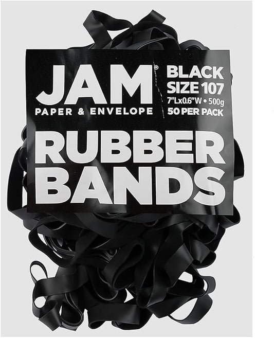 JAM PAPER Durable Rubber Bands - Size 107 - Black Multi-Purpose Rubberbands - 50/Pack