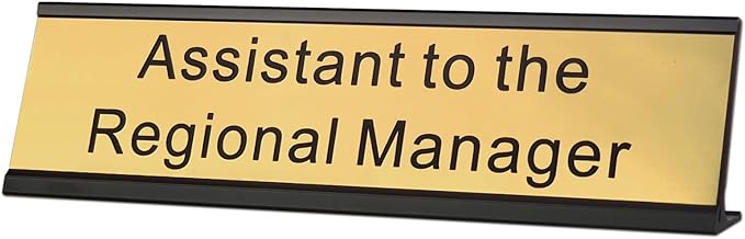 Assistant to The Regional Manager Desk Plate, 2 x 8 inch Novelty Name Plate, Gold Name Plate with Black Aluminum Desk Holder