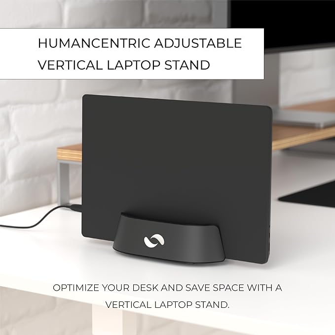 HumanCentric Vertical Laptop Stand in Black Aluminum, Upright Adjustable Holder and Dock, Laptop Vertical Stand Fits MacBook Pro and Other Laptops .5" to 1.5", Clamshell Compatible