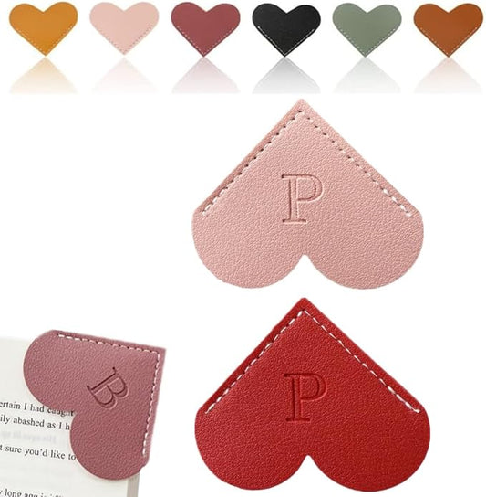 Personalized Leather Heart Bookmark, 26 Letters Customized Corner Book Mark for Reading Women, Book Marker with Initials，Cute Gifts (Red+Light Pink, P)