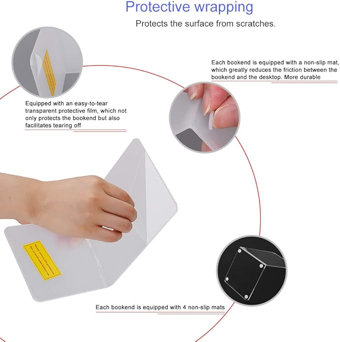 MerryNine Clear Book Ends 4pcs, Acrylic Bookends for Shelves, Non-Slip Bookend Decorative for Heavy Duty Book, Books Holder Stopper for Kids, Bookshelf Dividers Books Organizer for Office Home School