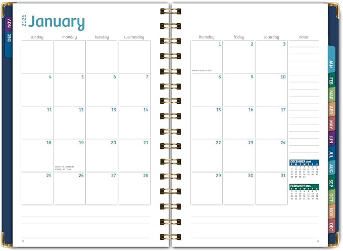 HARDCOVER 2026 Planner, 5.5"x8": 14 Months (November 2025 - December 2026), Daily Weekly Monthly Planner, Yearly Agenda, Bookmark, Pocket Folder and Sticky Note Set (Navy Gold Numbers)