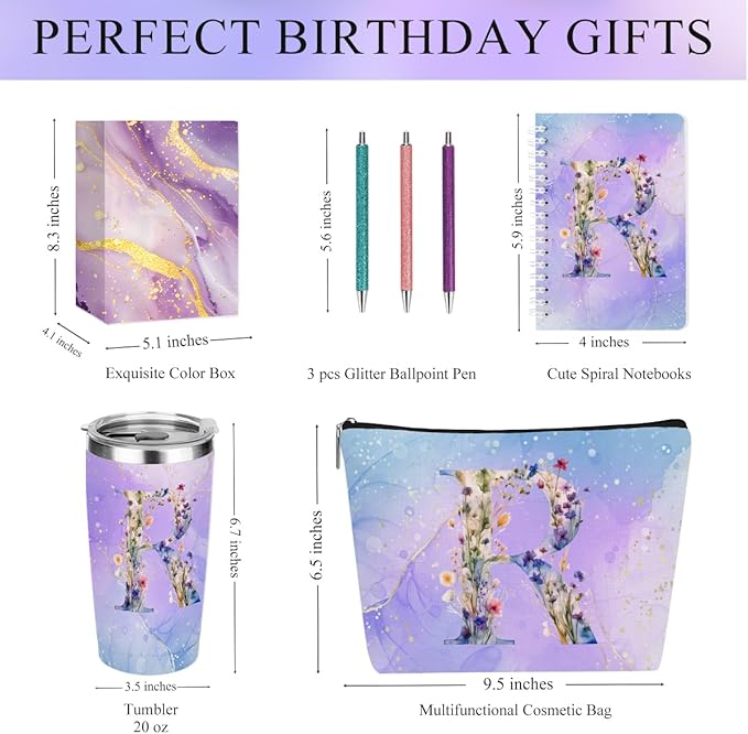 Personalized Gifts Monogrammed Birthday Gifts for Women, New Mom, Grandma Thank You Christmas, Initial 20 oz Tumbler, Makeup Cosmetic Bag Cup Pens Journal Notebook 6 Set, (Aesthetic Purple Flower R)