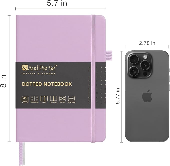 &And Per Se Dotted Journal Notebook, A5 Hardcover Leather Bullet Dotted Journal, 160 Pages 100 gsm Thick Paper, 3 Sheets of Stickers Included- 5.7'' x 8'' (Light lavender)
