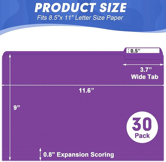 File Folder, HERKKA 30 Pack 1/3 Cut Tab File Folders, File Folders Great for Organizing and Filing, Letter Size, Purple