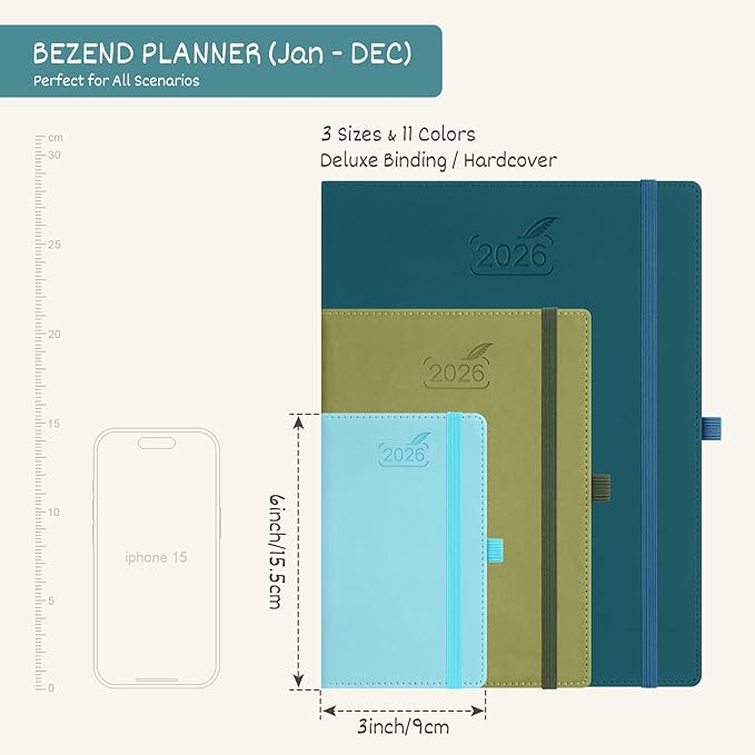 BEZEND Pocket Calendar 2026 Weekly and Monthly (3.5" x 6") Small Daily Planner for Purse (Jan-Dec) with Notes & Expenses, Inner Pocket, Pen Holder, Vegan Leather Hardcover - Sky Blue