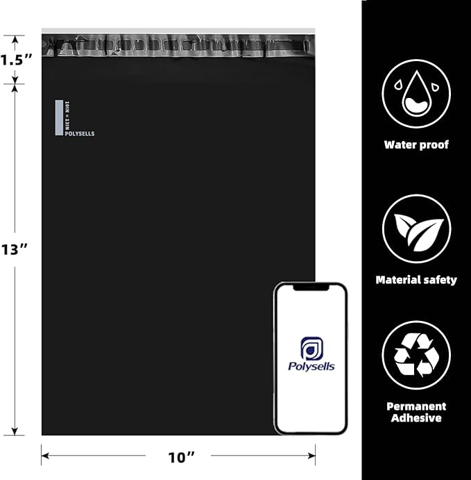 POLYSELLS 200 pcs 10x13 Inches Black Poly Mailers Shipping Envelopes, Strong Adhesive Sealing, Waterproof, and Tear-resistant Postal Mailing Bags for Small Business, Clothes, Non-Fragile Items