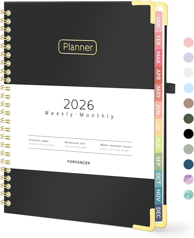 Forvencer 2026 Planner, Hardcover Calendar Planner Weekly and Monthly, January 2026 - December 2026, 6" x 8", Spiral Agenda Book with Tabs, Exquisite Daily Journal with Inner Pocket, Organizer Notebook for Office Home School, A5 Size, Black