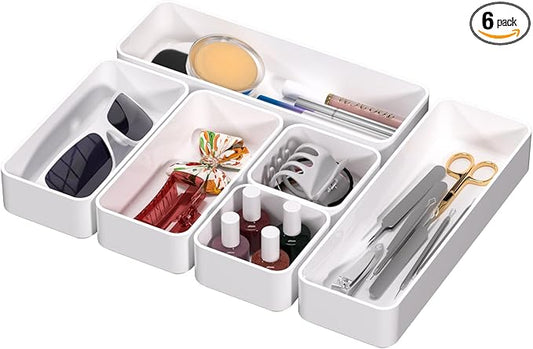CHANCETSUI 6 PCS Stackable Drawer Organizers Set, Versatile Desk and Vanity Drawer Organizer Trays, Storage Bins for Makeup, Bathroom, Bedroom, Kitchen and Office, White