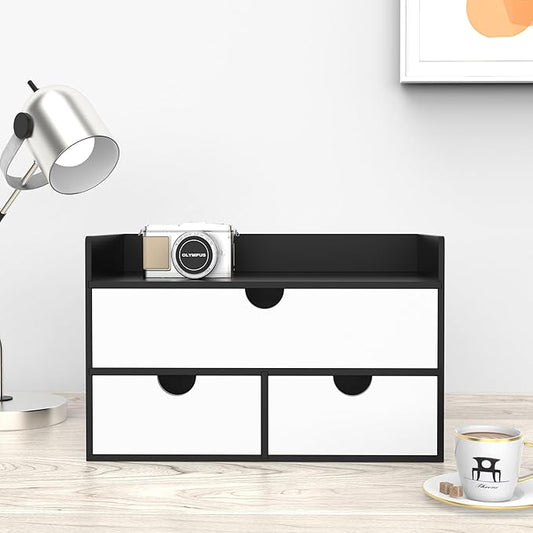 Wisuce Desk Organizer with Drawers - Bamboo Desktop Organizer Storage | Black-White Wood Desk Makeup Dresser Top Organizer for Cosmetics No Assembly Required