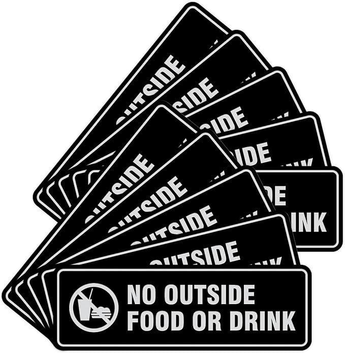 Standard No Outside Food or Drink Door/Wall Sign - Black/Silver - Small 10 Pack