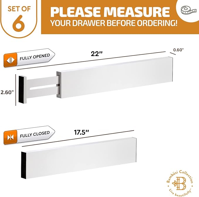 Adjustable Bamboo Drawer Divider Organizers - 6 Pack Large Expandable Drawer Organization Separators for Kitchen Utensils, Dresser, Bedroom, Bathroom, Baby Drawer, Office - 17.5” to 22" (White)