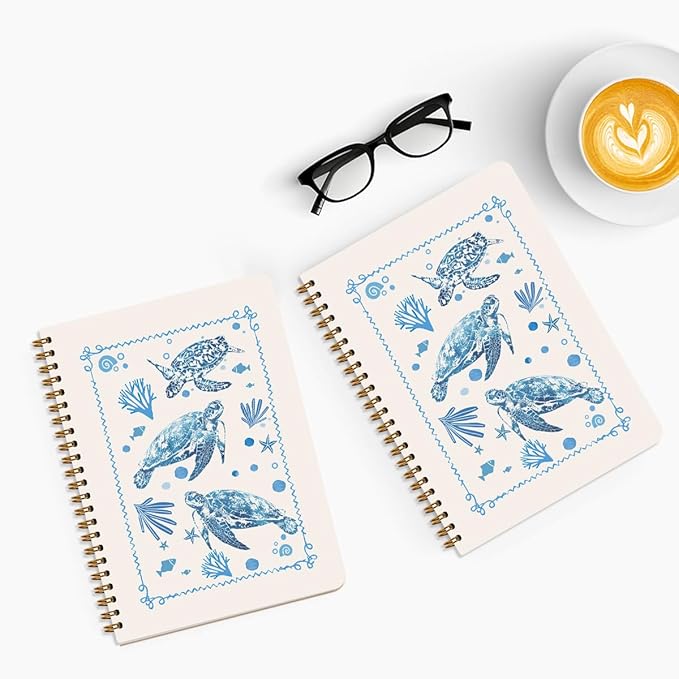 2 Pcs Sea Turtle Spiral Notebooks for Work, A5(8.3x5.8inch) Composition Notebook College Ruled Note Book, Blue Coral Notepads Lined Travel Journal for Writing, Cute Diary Sea Turtle Gifts for Women
