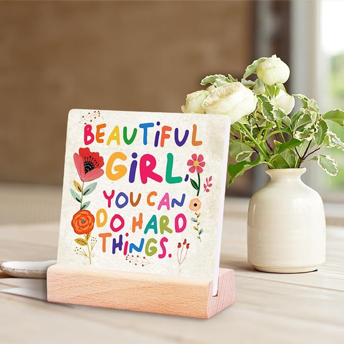 Inspirational Gifts for Teen Girls Women Birthday Christmas-Encouragement Gift Cheer Up Gifts for Friends-Motivational Sign Ceramic Plaque-Beautiful Girls You Can Do Hard Things Sign