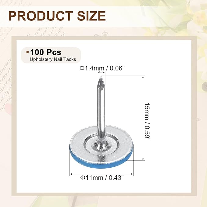 uxcell 100Pcs Upholstery Tacks, 11mmx15mm Flat Head Thumb Tack Decorative Furniture Nails Push Pins for Furniture Sofa Headboards, Blue