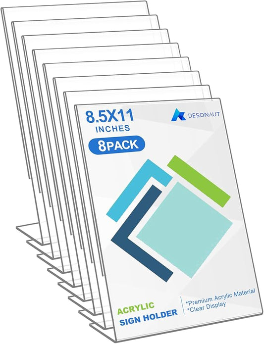 8 Pack Acrylic Sign Holder 8.5x11 inches, Plastic Clear Sign Holder with Vertical Slanted Back, Picture Photo Flyer Document Paper Frames Display Stand