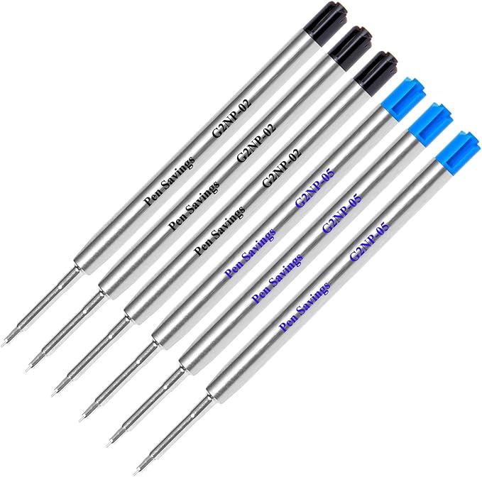 6 Pack, Pen Savings Gel Pen Refills Compatible with Parker Ballpoint Pens, .5mm Extra Fine Needle Point, Smooth Writing, Frictionless Flow (Bulk Packed) (Assorted 3 Black, 3 Blue)