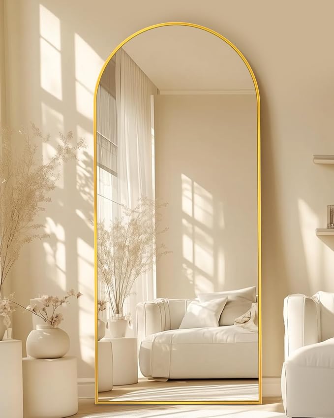 Full-Length Floor Mirror with Stand, 58"x21" Arched Style Full Body Standing Mirror for Bedroom, Living Room, Gym, Dorm - Shatter-Resistant & Easy Assembly, Gold