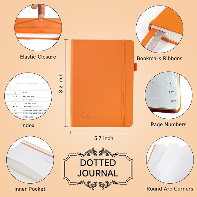 feela Dotted Journal Kit, Dot Grid Journal Hardcover Planner Notebook Set For Beginners Women Girls Note Taking with Journaling Supplies Stencils Stickers Pens Accessories, A5, 224 Pages, Orange