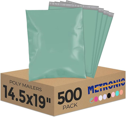 Metronic Poly Mailers 14.5X19 500Pack, Strong Adhesive Shipping Envelopes for Clothing, Waterproof Shipping Bags for Small Businesses, Flexible Mailers Poly Bags, Grayed Jade Green