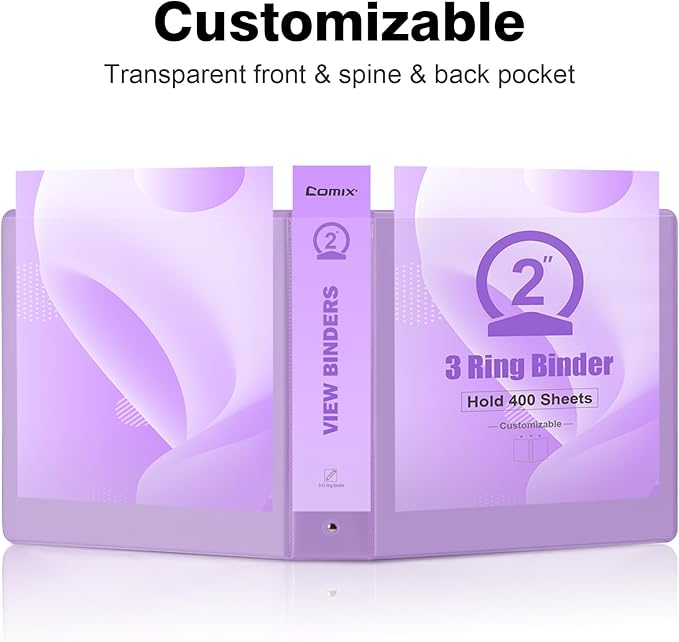 COMIX Standard 3 Ring Binder 2 inch with Clear View Cover, 2" Round Ring View Binder Holds 400 Sheets of US Letter Size Paper, 6 Pack (Pale Purple)