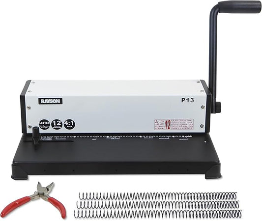 RAYSON P13 Manual Coil Binding Machine | Adjustable Side Margin | 12 Sheet Punch Capacity | Binds Up to 440 Sheets | Heavy-Duty Coil Crimping Pliers Included