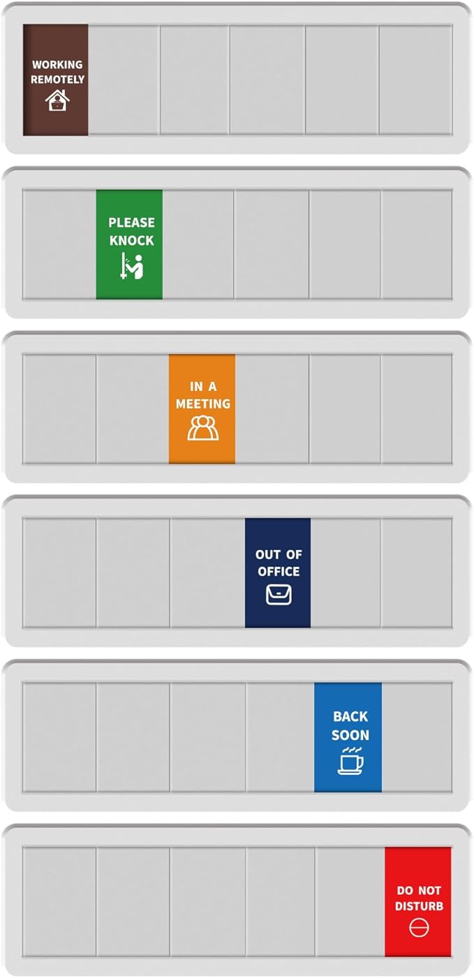 Office Sign-6 Options Door Signs In A Meeting/Out Of Office/Do Not Disturb/Working From Home/Please Knock/Back Soon Privacy Door Slider Sign for Meeting & Conference Room