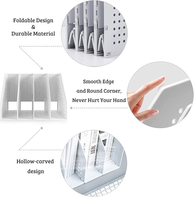SAYEEC Collapsible Magazine Holder Plastic Desktop 4 Compartment File Desk Magazine Organizer Vertical File Divider Sorter Storage Document Organizer for Office Home School Gray