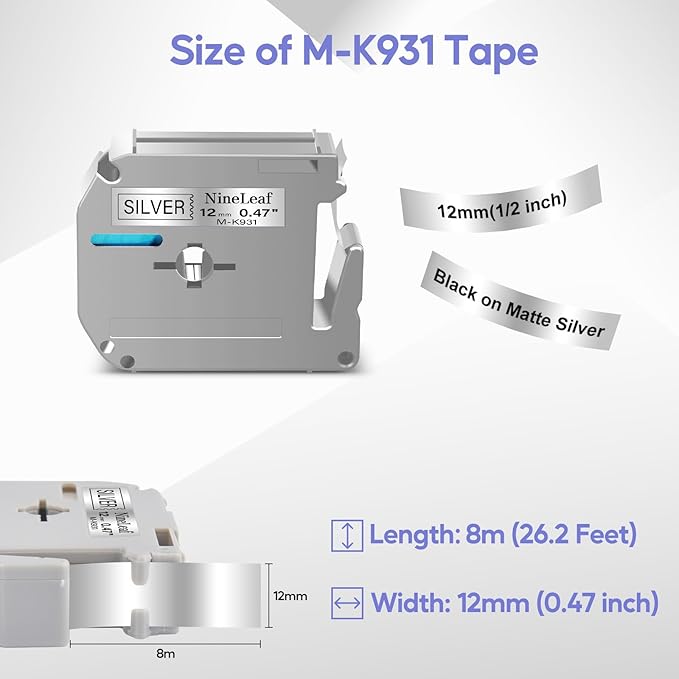 NineLeaf 4 Pack Compatible for Brother Ptouch M Tape M-931S MK931 M-K931 M931 M-931 M-K931S Tape 12mm 0.47 Silver Label Tape for PT-70BM PT-M95 PT-90 PT-70 PT-85 Label Maker Refills
