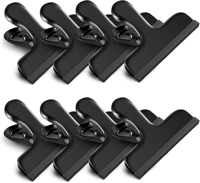 HOUSE AGAIN 8 Pack Stainless Steel Chip Bag Clips Covered with Silicone - NO More Sharp Edges - Color Coded for Food Bags - Air Tight Seal, Heavy Duty for Kitchen and Office, 3 Inches Wide, Black