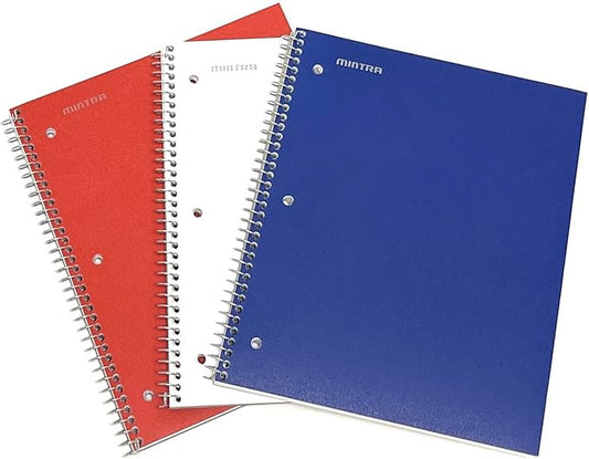 Mintra Office Durable Spiral Notebooks, 1 Subject, (Red, White, Blue, College Ruled 3pk)