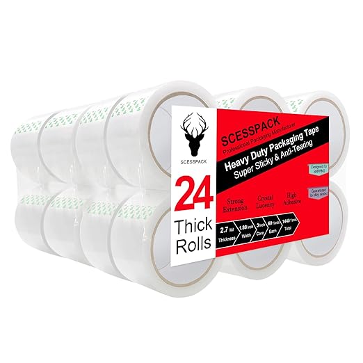 Clear Packing Tape 24 Rolls,2.7mil Heavy Duty Packaging Tape Refills for Shipping Packaging Moving Sealing, 1.88 Inch x 60 yd Per Roll,Total 1440 Yards
