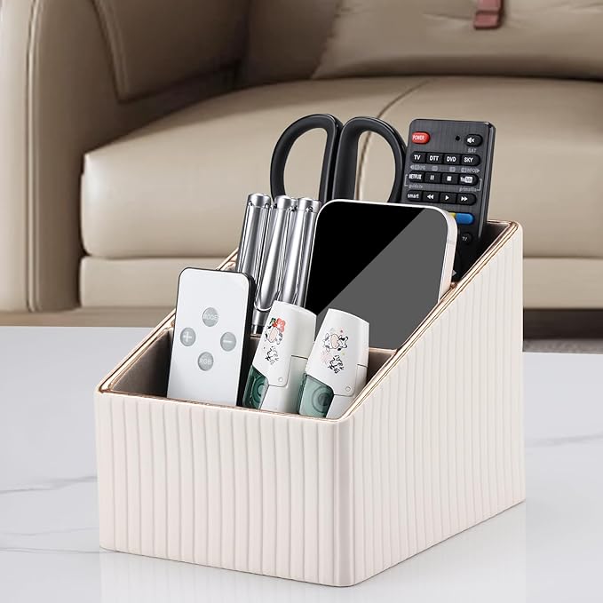 KINGFOM Remote Control Holder with 3 Compartments, Pu Leather Remote Caddy Desktop Organizer for TV, CD, Blu-Ray, Media Player, Heater Controllers and Cosmetics Office Supplies Light Beige