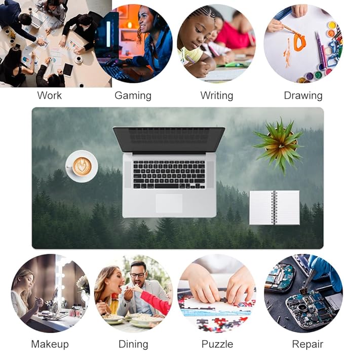 Colorful Star Large Mouse Pad, PU Leather Waterproof Desk Mat, Computer Gaming Mouse Pad, XXL Full Desk Mousepad Non Slip Desk Pad for School Office Home 31.5" x 15.7" - Foggy Forest Valley