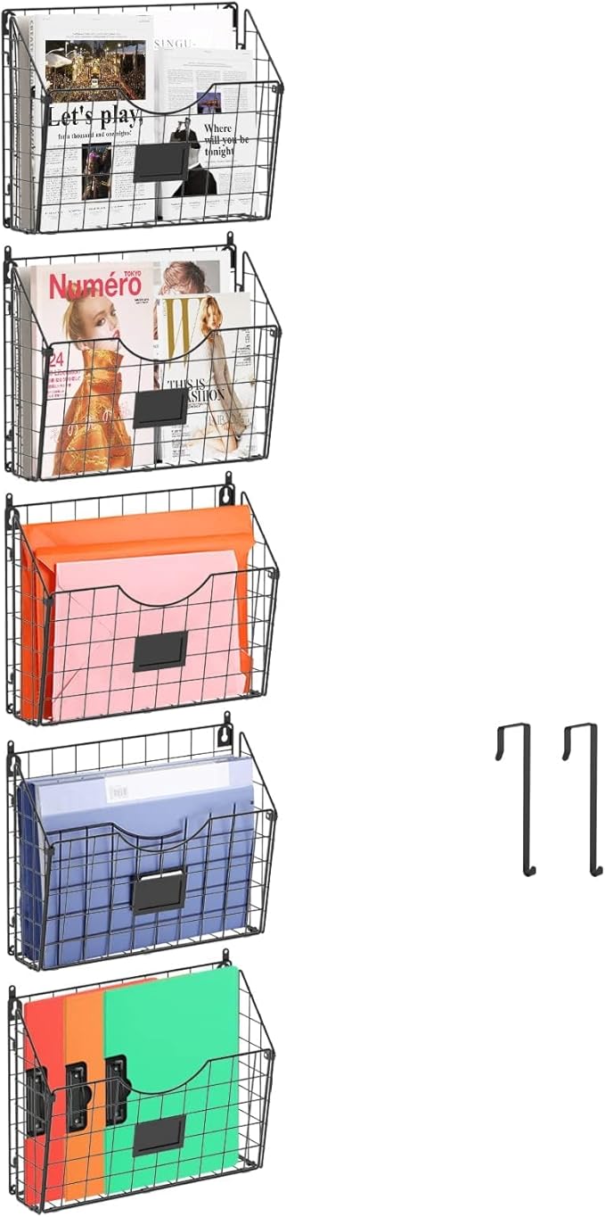 5-Tier Over the Door File Organizer, Stackable Hanging Wall Files Rack with Door Hooks Wall Organizers, SVertical Wall File Storage with Tag for Office Home and Work Easy Organizing - Black