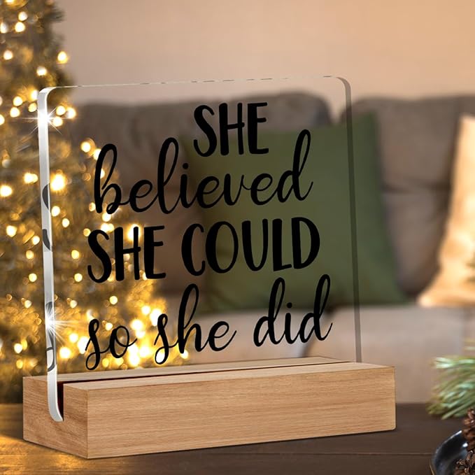 Inspirational Motivational Gifts for Women, She Believed She Could Clear Desk Decorative Sign Acrylic Sign With Wooden Stand for Office Desk Table Shelf
