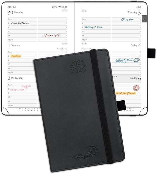 POPRUN Pocket Planner 2025-2026 (Purse Size 4'' x 6.25'') Academic Small Calendar (July 2025 - June 2026) with Hourly Time Slots, 100GSM Thick Papers, Leather Soft Cover - Black