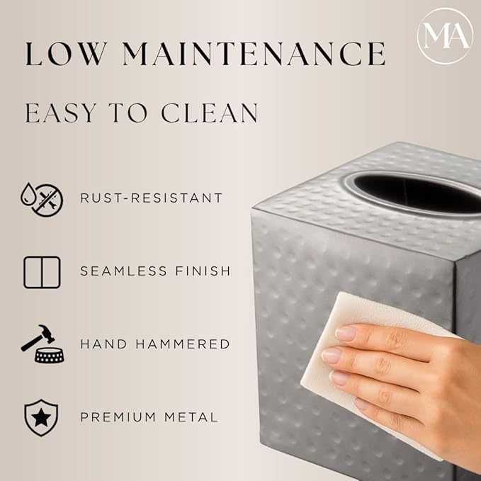 Monarch Abode Hand Hammered Tissue Box Cover Square, Pewter Tissue Holder for Bathroom, Square Metal Dresser Accessories for Home, Decorative Tissue Box Holder, Pewter Handcrafted Tissue Cover