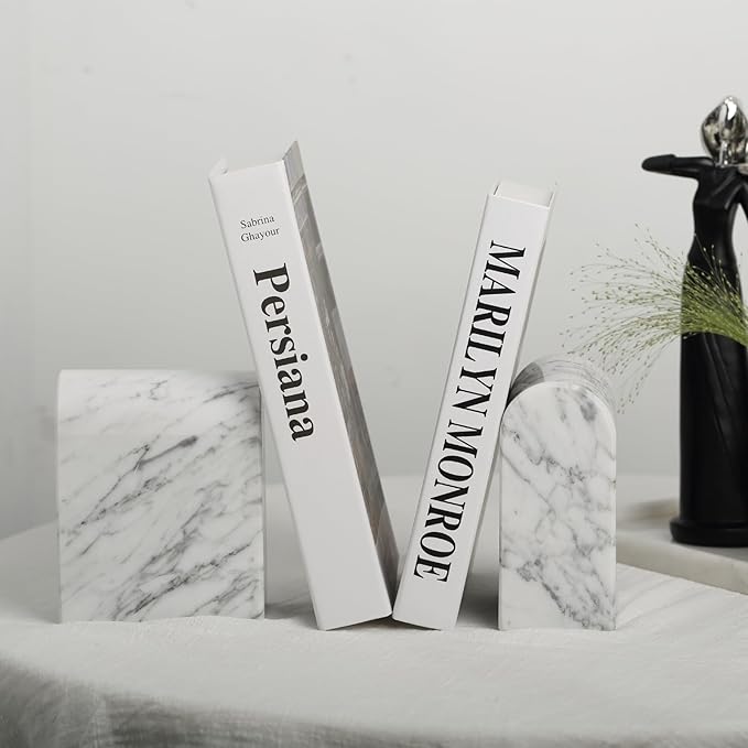 Koville Natural Italian Marble Bookends for Shelves, Book Ends for Heavy Books, 13LBS Ultra Heavy Duty Book Holders, Triumphal Arch Bookends Office Bookshelf Decor for CDs/Video Games(Bianco Carrara)